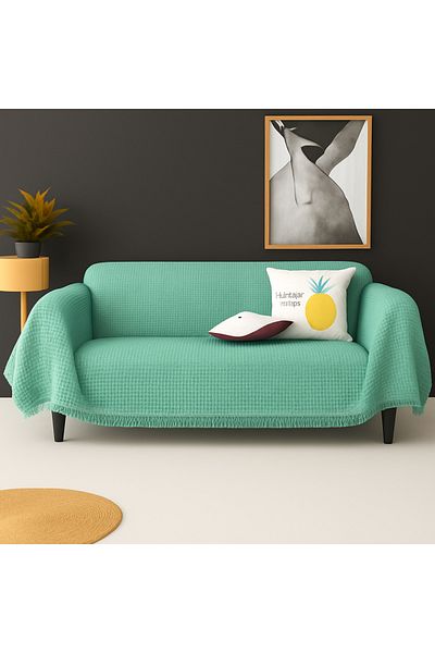 Rell Home Cotton Textured Sofa Shawl 170X300 cm Battal Size – Fringed Tv Blanket & Decorative Sofa Cover