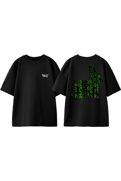 THEWERT Tricou oversize negru din bumbac cu imprimeu pe spate Matrix Rabbit D...
