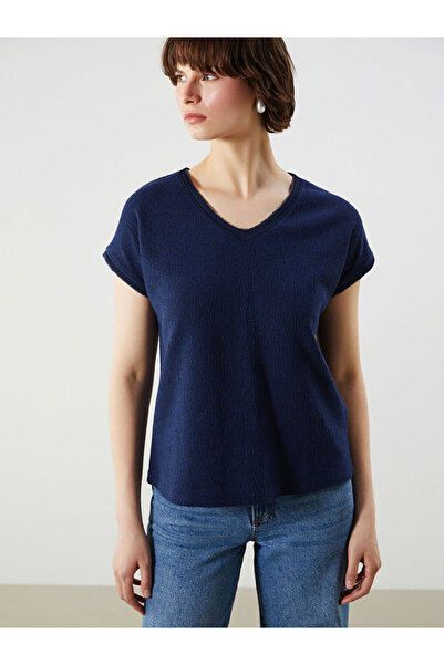LC Waikiki Navy Blue V-Neck Textured Women's T-Shirt