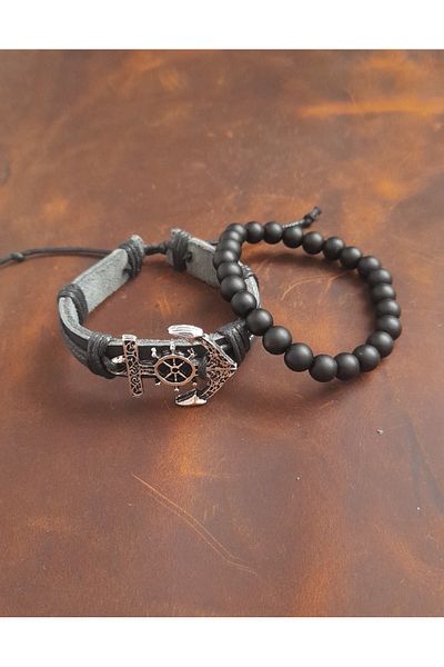 BSN Store 2-Piece Bracelet with Marine Anchor Figure Genuine Leather Bracelet and Onyx Stone Bracelet