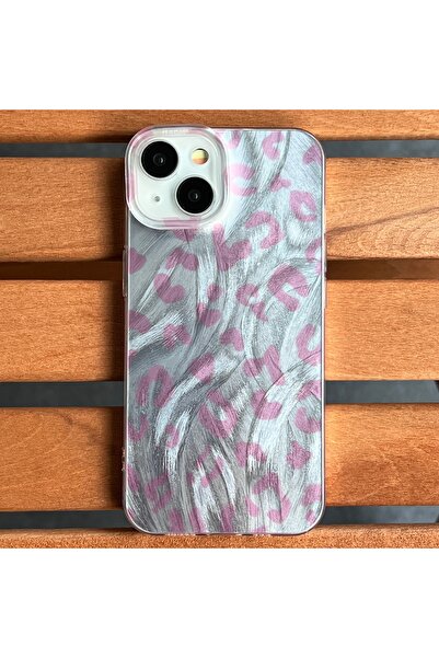 EDELFU İPhone 15 Plus - 14 Plus Uyumlu Pembe Leopar Desenli Gümüş Tüylü Darbe...