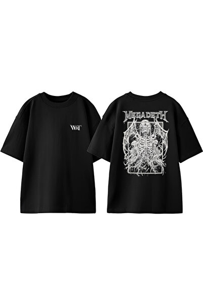 THEWERT Megadeth Gözlük Tasarım Sırt Baskılı Pamuk Siyah Oversize T-shirt