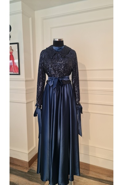 makbuleofficial Lacivert Payetli Bluz Altına Lacivert Saten Elbise