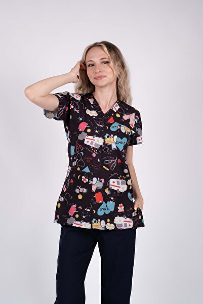 ACAR İŞ TEX Lycra Women's Patterned Nurse and Doctor Uniform Single Top Scrub...