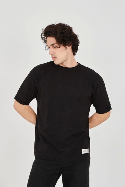 GökTR Unisex Jacquard Fabric Comfortable Sleeve T-Shirt - Black