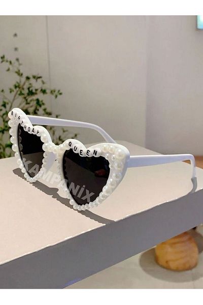 KAMPANİX Pearl Heart Birthday Glasses Birthday Queen Beaded Trend Heart Party Glasses