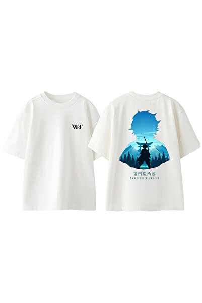 THEWERT Μπλουζάκι Tanjiro Kamado με μπλε σχέδιο με στάμπα από βαμβακερό λευκό oversize