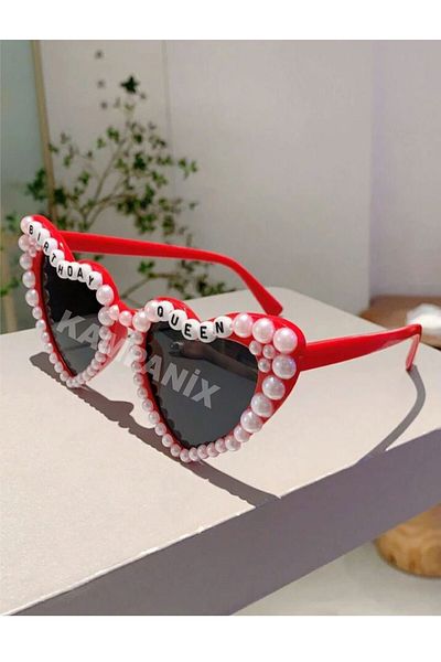 KAMPANİX Pearl Heart Birthday Glasses Birthday Queen Beaded Trend Heart Party Glasses