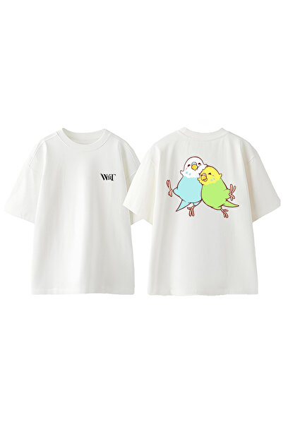 THEWERT Budgie 3 Design Back Printed Βαμβακερό λευκό μπλουζάκι Oversize