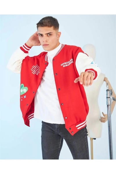 Ghetto Giyim    Men's Sleeves Star Back Printed Oversize College Jacket - Red