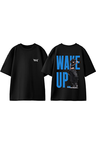 THEWERT Tricou oversize negru din bumbac cu imprimeu pe spate Wake Up Design
