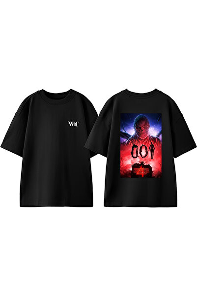 THEWERT Tricou oversize negru din bumbac cu imprimeu pe spate Stranger Things 9