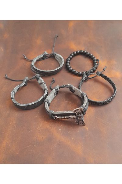 BSN Store 5-Piece Men's Bracelet Valknut Ax Figure Genuine Leather Bracelet Onyx Bead Bracelet