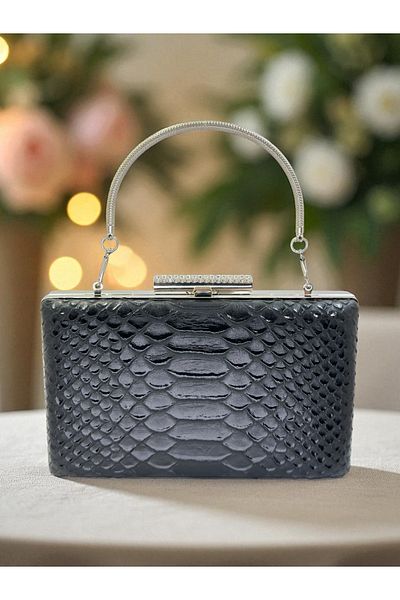 Biçanta Black Color Anaconda Patterned Matte Stylish and Luxurious Women's Evening Dress Bag Wedding Engagement