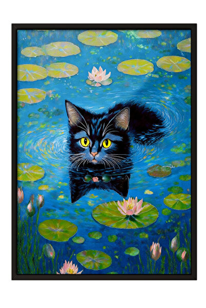 Zestia Πίνακας με μαύρο πλαίσιο, Φύλλα νούφαλου και γάτα, Διακοσμητική αφίσα ...