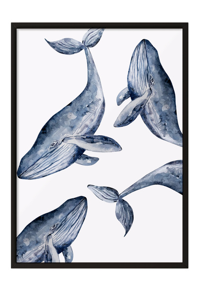 Zestia Tablou înrămat negru, ilustrație cu balene, poster decorativ pentru do...