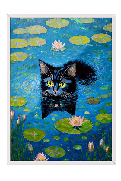 Zestia Πίνακας με λευκό πλαίσιο, Φύλλα νούφαλλου και γάτα, Διακοσμητική αφίσα...