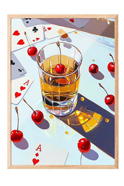 Zestia Tablou cu ramă din lemn, design cu pahar de băutură cu cireșe, poster ...