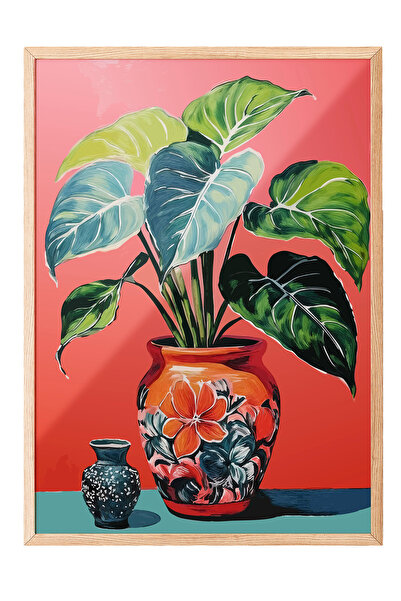 Zestia Tablou cu ramă din lemn, plantă cu frunze verzi pe fundal roșu, poster...