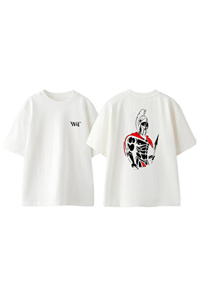 THEWERT Tricou oversize alb din bumbac cu design Spartan 2 imprimat pe spate