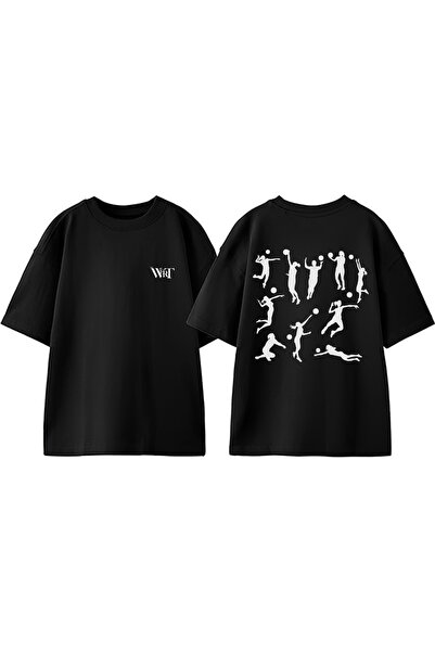 THEWERT Tricou oversize negru din bumbac cu imprimeu pe spate Volei 9 Design