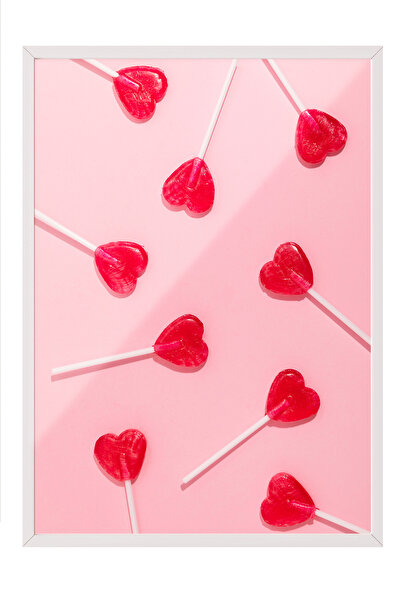 Zestia Tablou cu ramă albă, Bomboane inimă pe fundal roz, Poster decorativ pe...