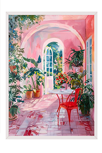 Zestia Tablou cu ramă albă, Peisaj cu ușă roz, Poster decorativ pentru sufrag...