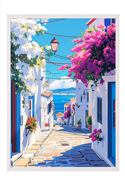 Zestia Tablou cu ramă albă, peisaj stradal al insulei grecești, poster decora...