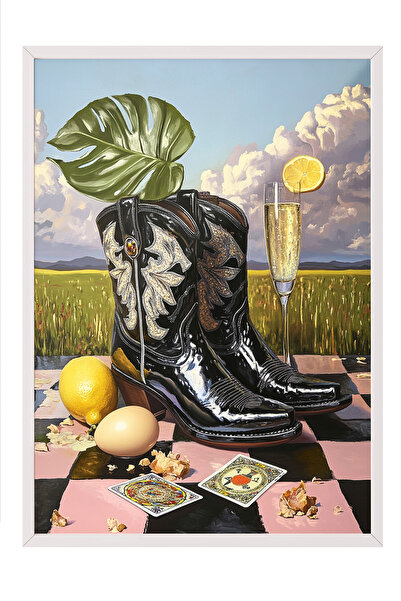 Zestia Tablou înrămat alb, Natură moartă cu cizme de cowboy, Poster decorativ...