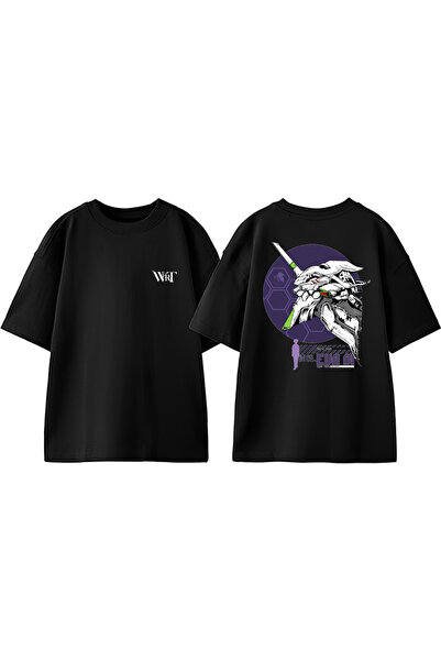 THEWERT Tricou oversize negru din bumbac cu imprimeu pe spate Neon Genesis Ev...