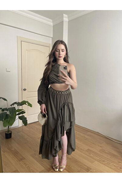 Souwe Gipe ve Lastik Detaylı Tek Omuz Haki Takım