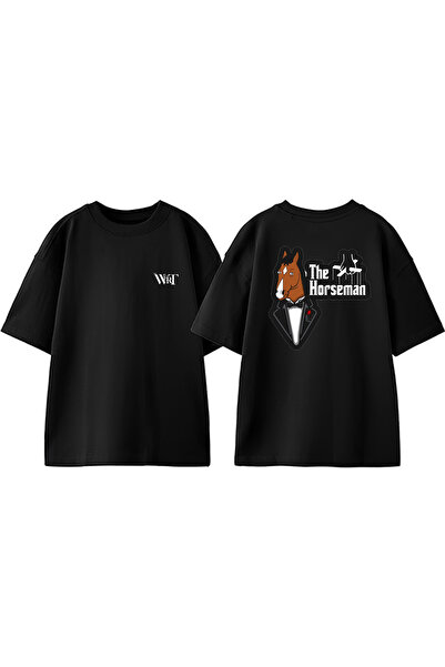 THEWERT Tricou oversize negru din bumbac cu imprimeu pe spate The Horseman De...