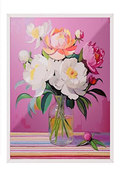 Zestia Πίνακας με λευκό πλαίσιο, Εικονογράφηση ροζ λουλουδιών, Διακοσμητική α...