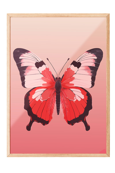 Zestia Tablou cu ramă din lemn, Fluture roșu dublu, Poster decorativ pentru d...