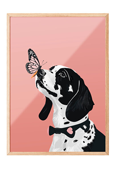 Zestia Tablou cu ramă din lemn, câine și fluture alb-negru, poster decorativ ...