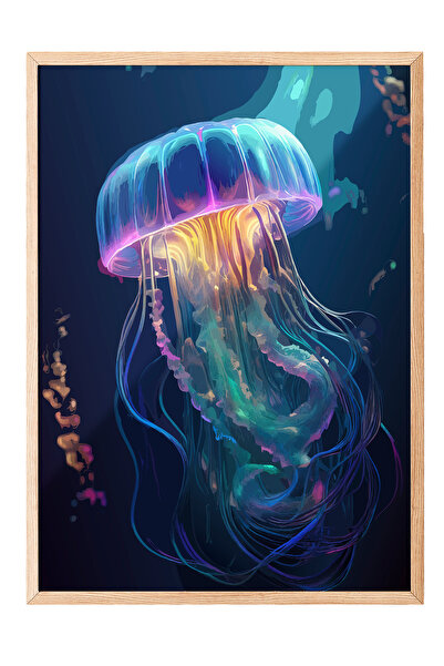 Zestia Tablou cu ramă din lemn, Meduză violet-albastră, Poster decorativ pent...