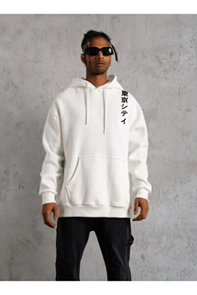 Ghetto Giyim    Unisex Hooded Long Sleeve Printed Sweetshirt - White