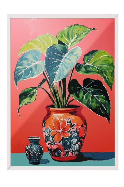 Zestia Tablou înrămat alb, plantă cu frunze verzi pe fundal roșu, poster deco...