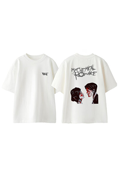 THEWERT Cămașă albă oversize din bumbac cu imprimeu pe spate My Chemical Roma...