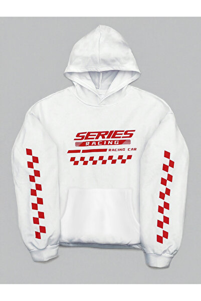 EVIus Hanorac oversize cu glugă cu imprimeu Racing din seria albă