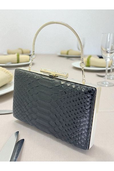 Biçanta Black Color Anaconda Patterned Matte Stylish and Luxurious Women's Evening Dress Bag Wedding Engagement