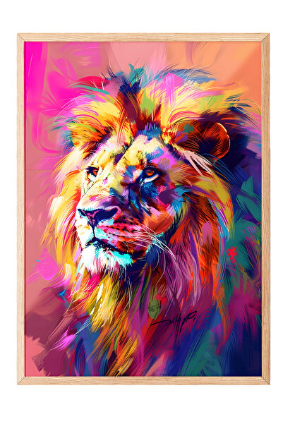 Zestia Tablou cu ramă din lemn, portret colorat cu leu, poster decorativ pent...