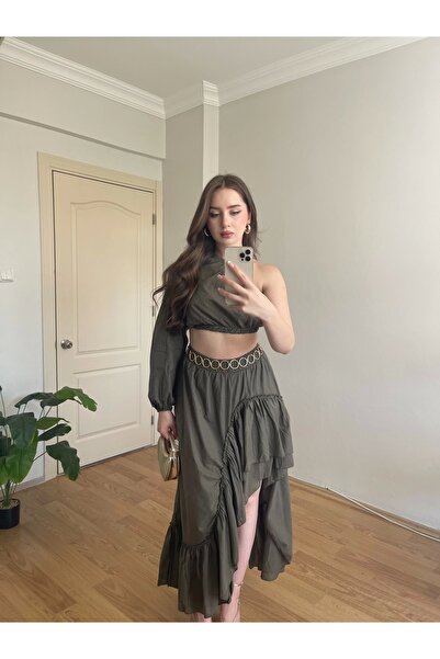 Souwe Gipe ve Lastik Detaylı Tek Omuz Haki Takım