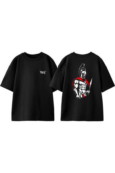 THEWERT Tricou oversize negru din bumbac cu imprimeu pe spate Spartan 2 Design