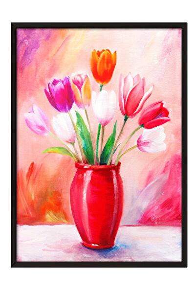 Zestia Tablou înrămat negru, Lalele în vază roșie, Poster decorativ pentru su...