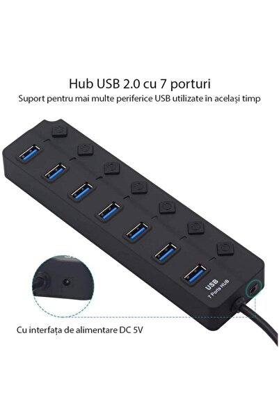 TECHSTAR ® HUBA2401 Hub USB cu 7 porturi, 7 x USB 2.0, indicator LED de alimentare, comutator independent, negru