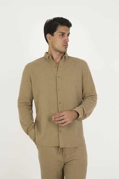 MODA Buttoned Full Fit Long Sleeve Jacquard Shirt - Brown