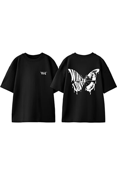 THEWERT Want Love Design Back Printed Βαμβακερό μαύρο μπλουζάκι Oversize