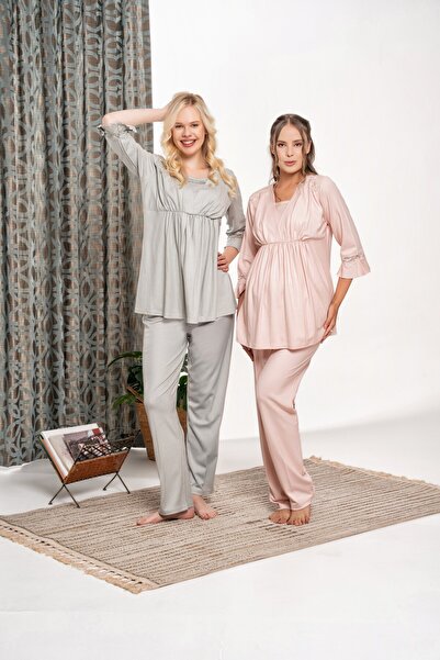 Genel Markalar Pudra Flanel Ekose Dantel Detaylı Kışlık Uzun Kollu Lohusa Hamile 3'lü Sabahlık Pijama Set