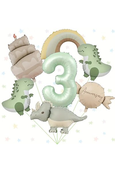 DÜVENCİ TİCARET 7 Parça Mat Dinozor Pasta Şekilli Gökkuşağı Numara 1~9 Balon ...